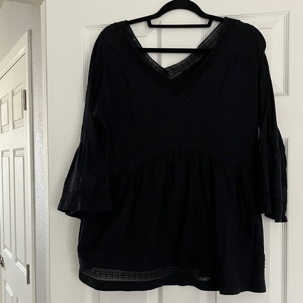 Anthropologie Black V-Neck Peasant Tunic with Crochet Accents
